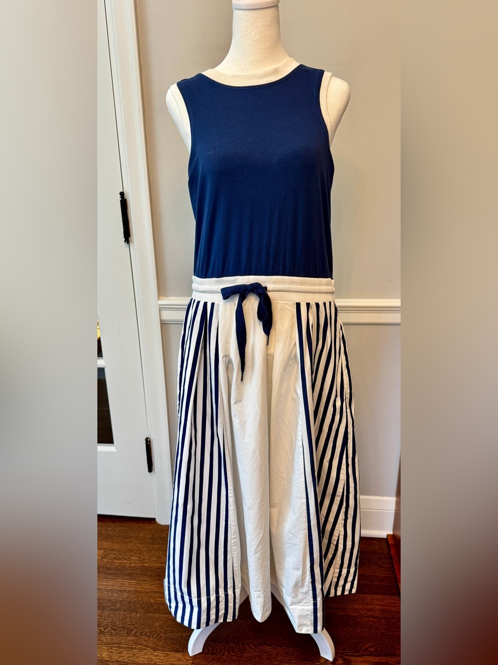 Daily Practice by Anthropologie Navy and White Sleeveless Drawstring Midi Dress